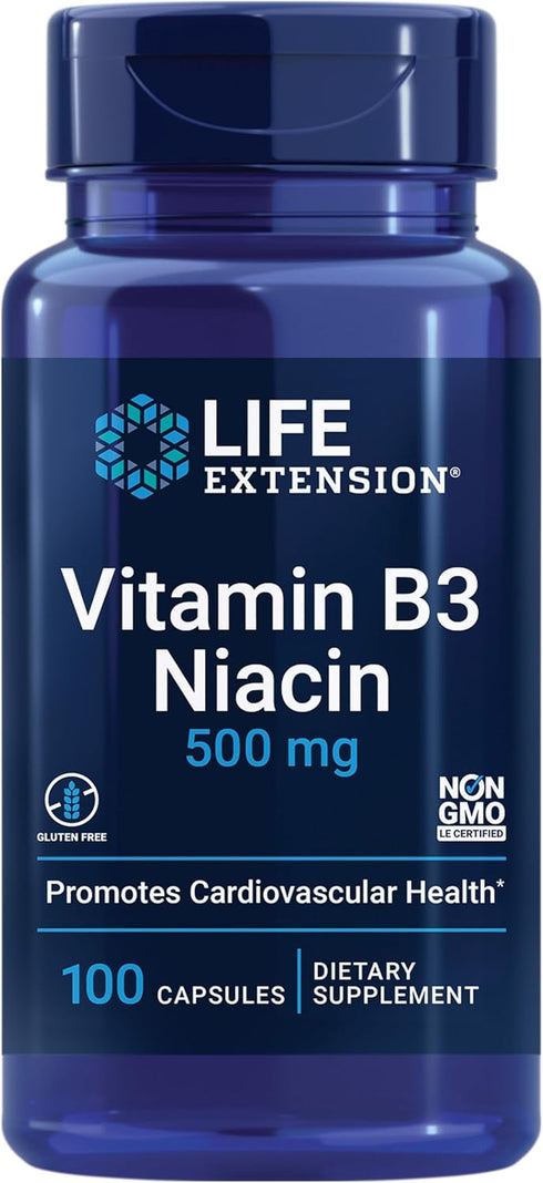 Life Extension Vitamin B3 Niacin 500 mg for Heart Health, Cellular Energy – Gluten-Free, Non-GMO, 100 Capsules