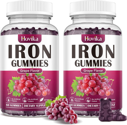 (2 Pack) Iron Gummies Supplement for Women & Men, Vegan Blood Builder with Vitamin C, B12, Folate - Grape Flavor, 120