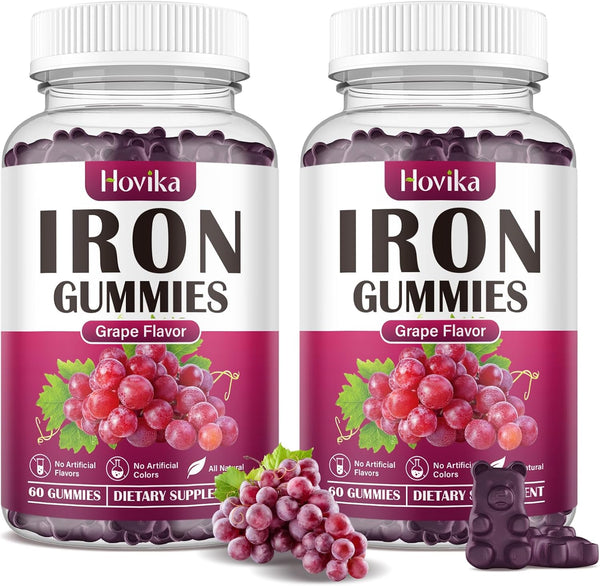 (2 Pack) Iron Gummies Supplement for Women & Men, Vegan Blood Builder with Vitamin C, B12, Folate - Grape Flavor, 120