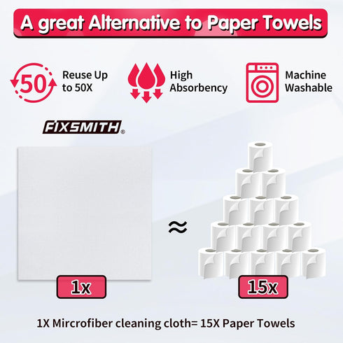 Pack 100, 11.5"X11.5" FIXSMITH White Microfiber Cleaning Cloth, of Cleaning Rags for Housekeeping and Kitchen, Reusable