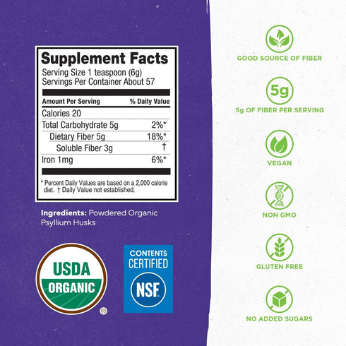 Konsyl Organic Psyllium Husk Powder, 5g Plant Based Soluble Fiber per Serving – USDA Organic, 12 Ounce (Pack of 1)