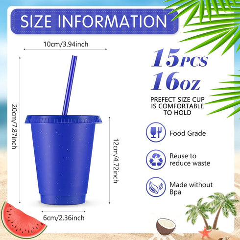 Rtteri 15 Pcs Reusable Kids Cups with Straws and Lids 16 oz Glitter Kids Tumblers Plastic Party Favor Cups with Lids Travel Mug Cup for Smoothie Coffee Iced Beverage Water Parties (Navy Blue)