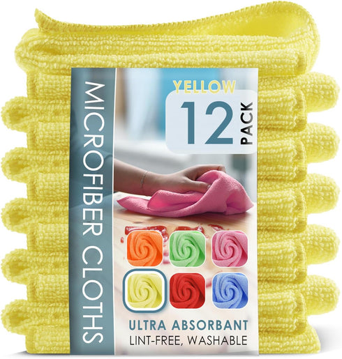 Hearth & Harbor Microfiber Cleaning Cloth, 12 Pack Washcloths, Yellow Reusable Microfiber Towels, Lint Free Cloths