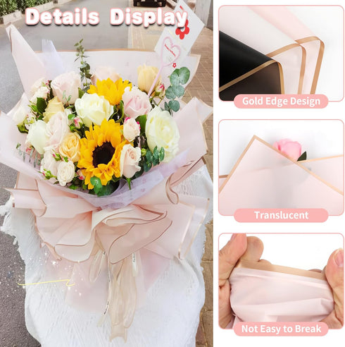 COIDEA 20 Sheets Waterproof Flower Wrapping Paper, Gold Edge Korean Florist Supplies for DIY