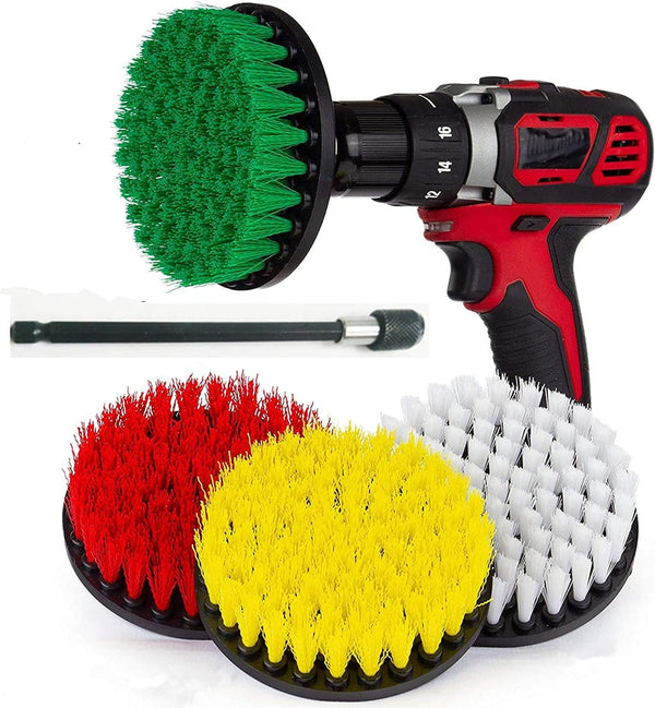 5 Piece Power Scrubbing Brush Set with 6 Inch Size Extender Drill Attachment for Cleaning Showers, Tubs, Carpet