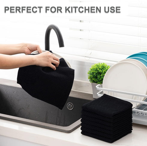 joybest 8-Pack Cotton Kitchen Dish Cloths, Ultra Soft Waffle Weave Quick Drying Dish Towels, 12x12 Inches, Black