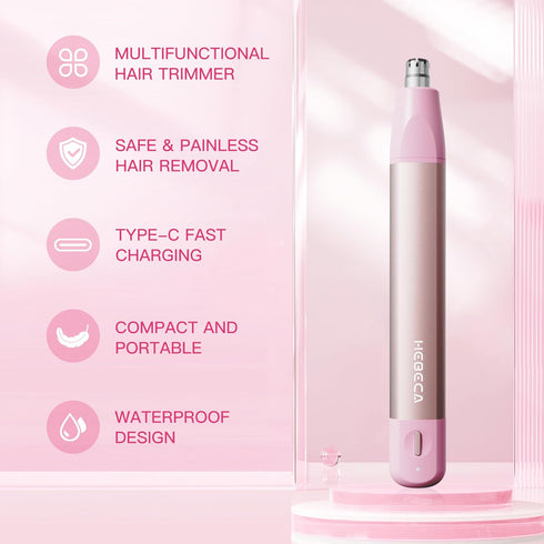 Nose Hair Trimmer for Women 2in1 Facial Hair Removal Trimmer - Metal Body, Rechargeable, Waterproof, Portable - Nose, Ear, Eyebrow, Peach-Fuzz, Lips, Chin FT2001