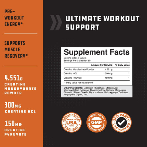 High Strength Tri Phase Creatine Pills - Muscle Mass Gainer and Muscle Recovery Creatine HCL Pyruvate and Creatine