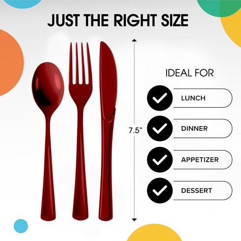 150 Pack Burgundy Plastic Cutlery Set, Heavy Duty Disposable Silverware, 50 Forks, 50 Spoons, 50 Knives for Party