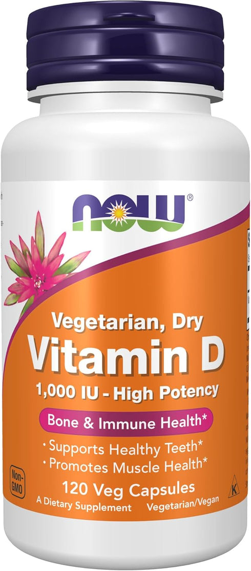 NOW Supplements Vitamin D 1,000 IU Dry | High Potency, Strong Bones*, 120 Veg Capsules