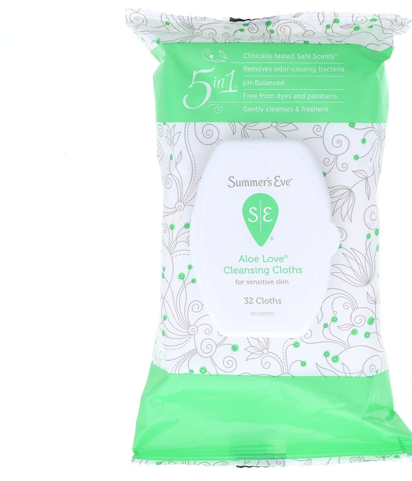 Summer’s Eve Aloe Love Gentle Daily Feminine Wipes, 32 Count, pH Balanced, Pack of 2