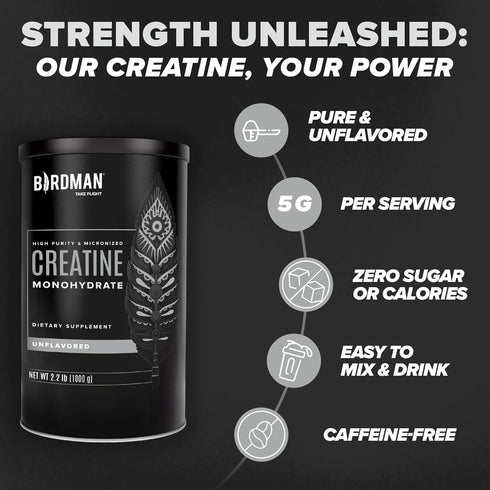 BIRDMAN Micronized Creatine Monohydrate Powder, Muscle Recovery, Caffeine Free, Vegan, Post Workout, Gluten Free, Sugar