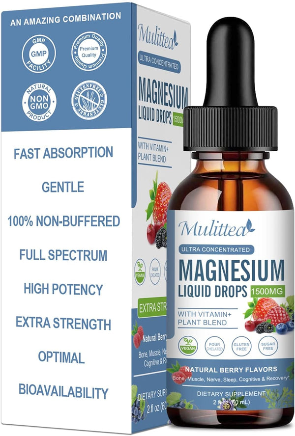 Magnesium Glycinate Liquid Drop, Triple Absorption Supplement, Sugar-Free, with Potassium, 1 Pack