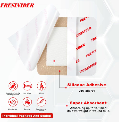 Pack 20 4 4 Inches FRESINIDER Silicone Foam Dressing with Adhesive Border Wound Dressing Bandage Silicone Foam Pad of x