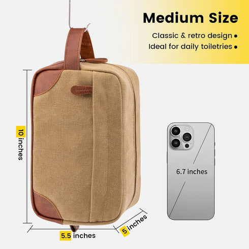 Vorspack Toiletry Bag Hanging Dopp Kit for Men, Water Resistant Canvas Shaving Bag with Large Capacity - Brown