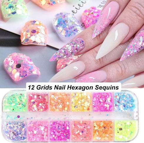 Holographic Nail Art Glitter, Iridescent Flakes and Mermaid Flake Sequins, 12 Grids for DIY Decoration