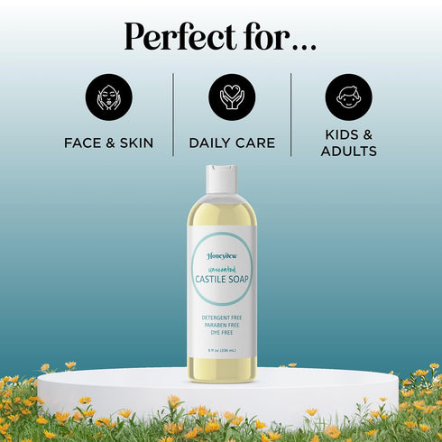 Liquid Castile Soap Unscented Cleanser for Dry Sensitive Skin Care Routine and All Purpose Cleaner with Hydrating