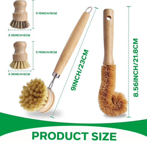 Set 5 Packs 4 Bamboo Dish Brush - Natural Wooden Kitchen Brush, Dish Scrubbers with One Replacement Head, Cleaning