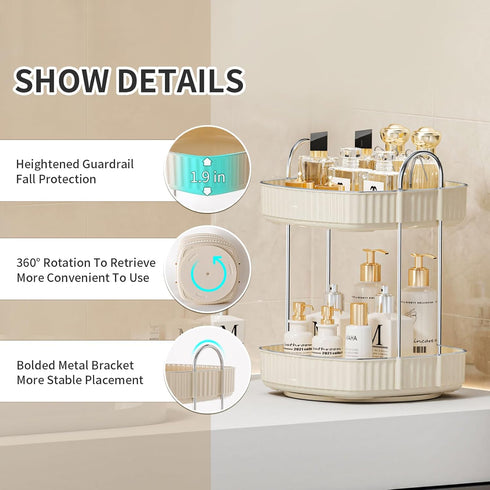 YCIA&DONE 360 Rotating Makeup Organizer - 2 Tiers Square Shaped Vanity Storage in Warm White
