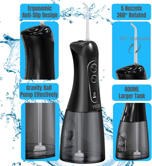 YKB 400ml 8 IPX7 Water Flosser for Teeth, Modes Portable Water Flosser Cordless with Digital Display, Travel Water Oral