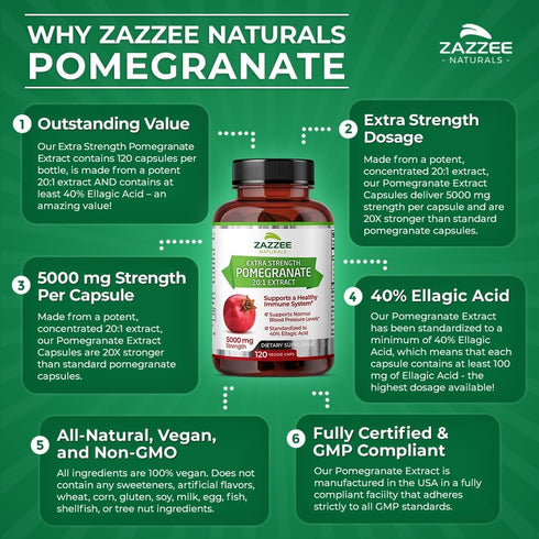 Zazzee Extra Strength Pomegranate 20:1 Extract, 5000 mg Strength, 120 Vegan Capsules, Non-GMO
