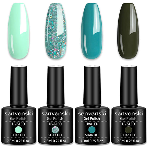senvenski Teal Gel Nail Polish Kit - UV/LED Soak Off Nail Art Set with Blue Glitter, Manicure Gift Kit for Women