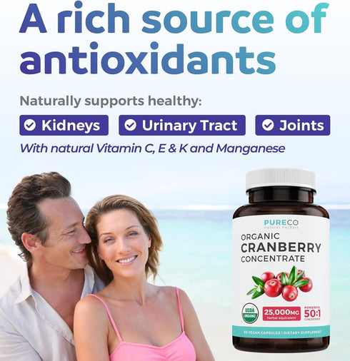 Organic Cranberry Pills - 60 Capsules | 50:1 Concentrate Equals 25,000mg of Fresh Cranberries for UTI Support