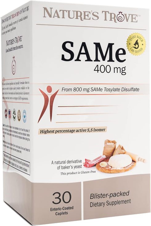 Nature's Trove SAM-e 400mg, 30 Enteric Coated Caplets, Vegan, Kosher, Non-GMO, Mood and Joint Support