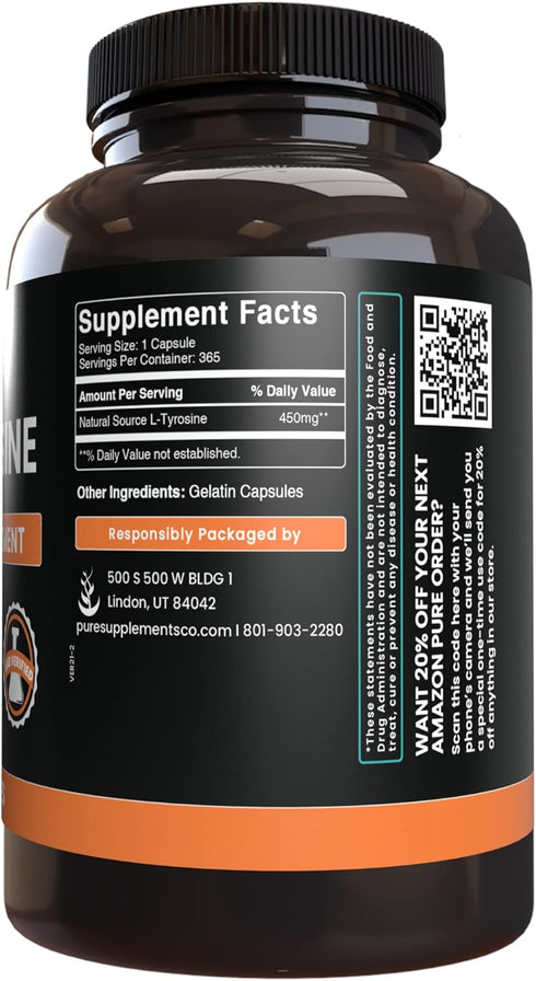 PURE ORIGINAL INGREDIENTS L-Tyrosine, 365 Capsules, No Magnesium or Rice Fillers, Always Pure, Lab Verified