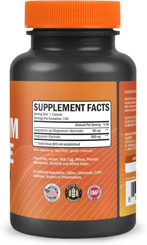 Magnesium Glycinate 500mg Capsules - 240 Count | High Absorption Magnesium Supplement for Stress Relief & Sleep