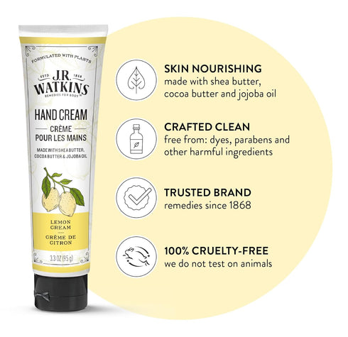 J.R. Watkins Natural Moisturizing Hand Cream, Hydrating Shea Butter, Cocoa Butter, Avocado Oil, 3.3oz, Lemon Cream, 3
