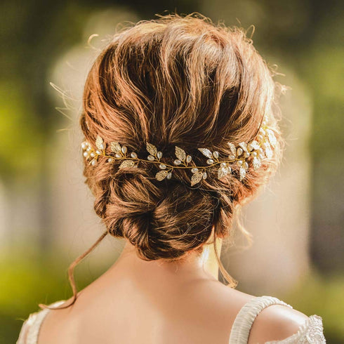 Unicra Wedding Leaf Hair Vine, Bridal Pearl Headpiece, Gold Hair Accessories for Brides and Bridesmaids