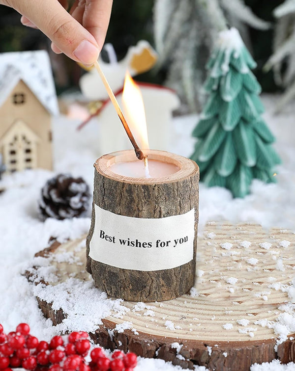 T-shin Log Aroma Candle with Holder,Wooden Rustic Country Style Natural Hand-Carved Soy Wax