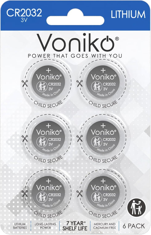 Voniko CR2032 3V Lithium Batteries 6 Pack for Child Safety, Compatible with AirTag,