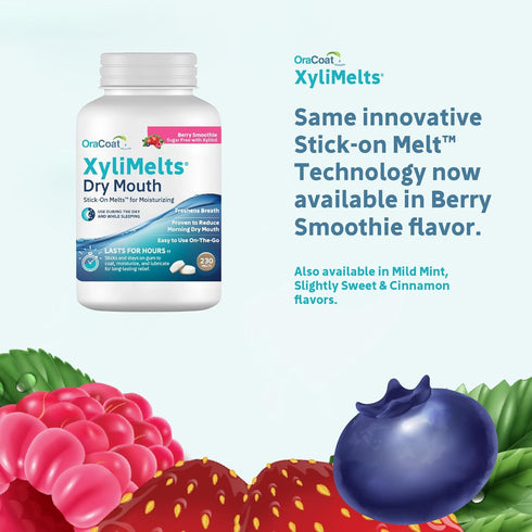 Oracoat XyliMelts Dry Mouth Relief - Berry Smoothie Stick-On Melts with Xylitol, Non-Acidic, Time Release for 8 Hours,