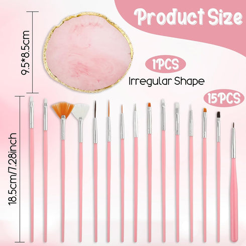 Nail Art Tool Set, 15 PCS Brushes, Resin Painting Palette, Detail Brush, Nail Dotting Pen for DIY Manicure (Pink)