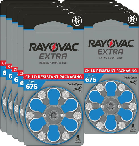 Rayovac Extra Advanced Hearing Aid Batteries, Size 675, Blue Tab, PR44, Pack of