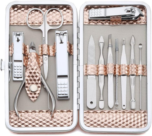 Manicure Set Professional Nail Clippers Kit, 12Pcs Stainless Steel Grooming Tools for Travel or Home, Rose Gold