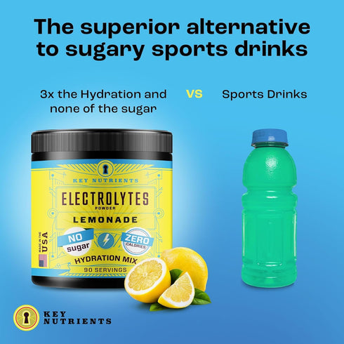 KEY NUTRIENTS No Sugar Multivitamin Electrolytes Powder, Refreshing Lemonade, 90 Servings, Made in USA