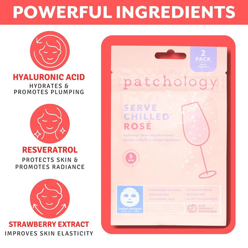 Patchology Serve Chilled Rosé Facial Sheet Mask - Hydrating Skin Care Treatment with Hyaluronic Acid (2 Pair)