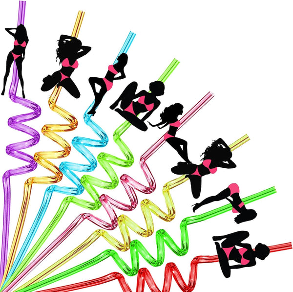 24PCS Bachelorette Theme Straws - Bachelor Dancer Crazy Reusable Twisty Straws with 2 PCS Cleaning Brushes for Party