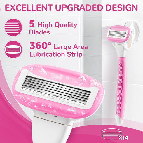 Razors for Women with 2 Non-Slip Handles, 14 Razor Refills, 5 Premium Blades, Disposable Razor with Shower Holder, Pink