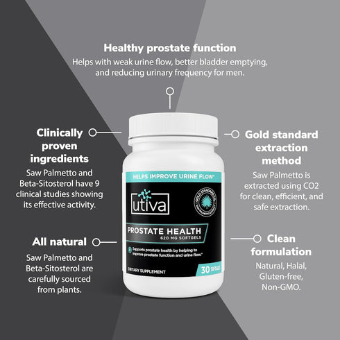 Utiva Prostate Health Supplement for Men - Natural Formula for Prostate Function, Urine Flow - 30 Softgels