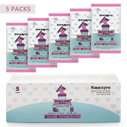 Nmuxyro 30 Count (Pack 5) Breast Pump Wipes Quick Clean, Natural Pump Parts Cleaning On The Go, Resealable Manual