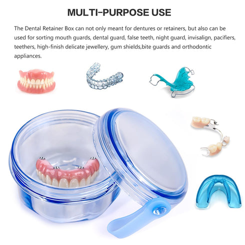 Leak Proof Portable Denture Bath Case, Denture Cleaning Cup, False Teeth Holder, Transparent Blue