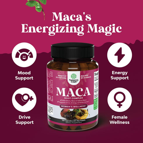Organic Maca Root Capsules for Women - 120ct - Potent Herbal Supplement with Red Yellow & Black Maca Root