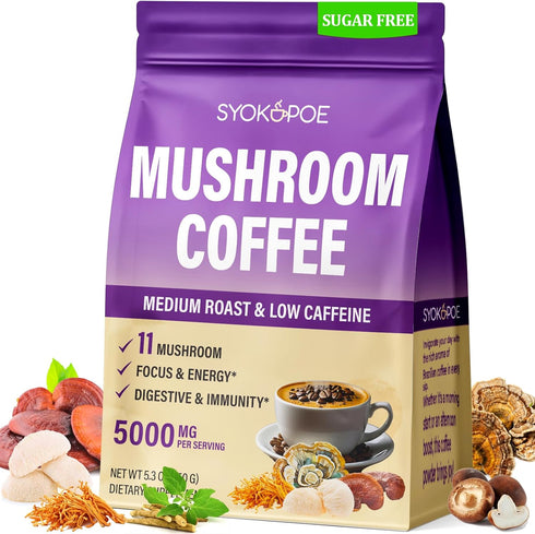 Syokupoe Mushroom Coffee Organic, 11 Mushrooms + 8 Adaptogenic Herb Mushroom Coffee for