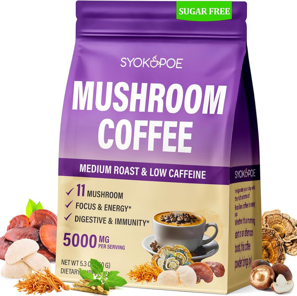 Syokupoe Mushroom Coffee Organic, 11 Mushrooms + 8 Adaptogenic Herb Mushroom Coffee for
