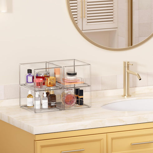 Vtopmart 2 Pack Clear Stackable Storage Drawers, 4.4'' Tall Acrylic Organizer for Bathroom, Vanity, Kitchen Cabinets,