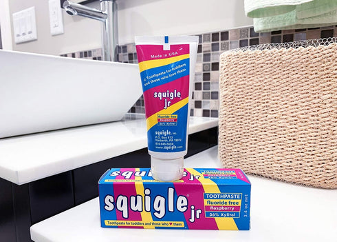 Squigle Jr Toothpaste 4 Pack for Infants, Toddlers - Travel Toothpaste Prevents Cavities, Soothes Dry Mouths